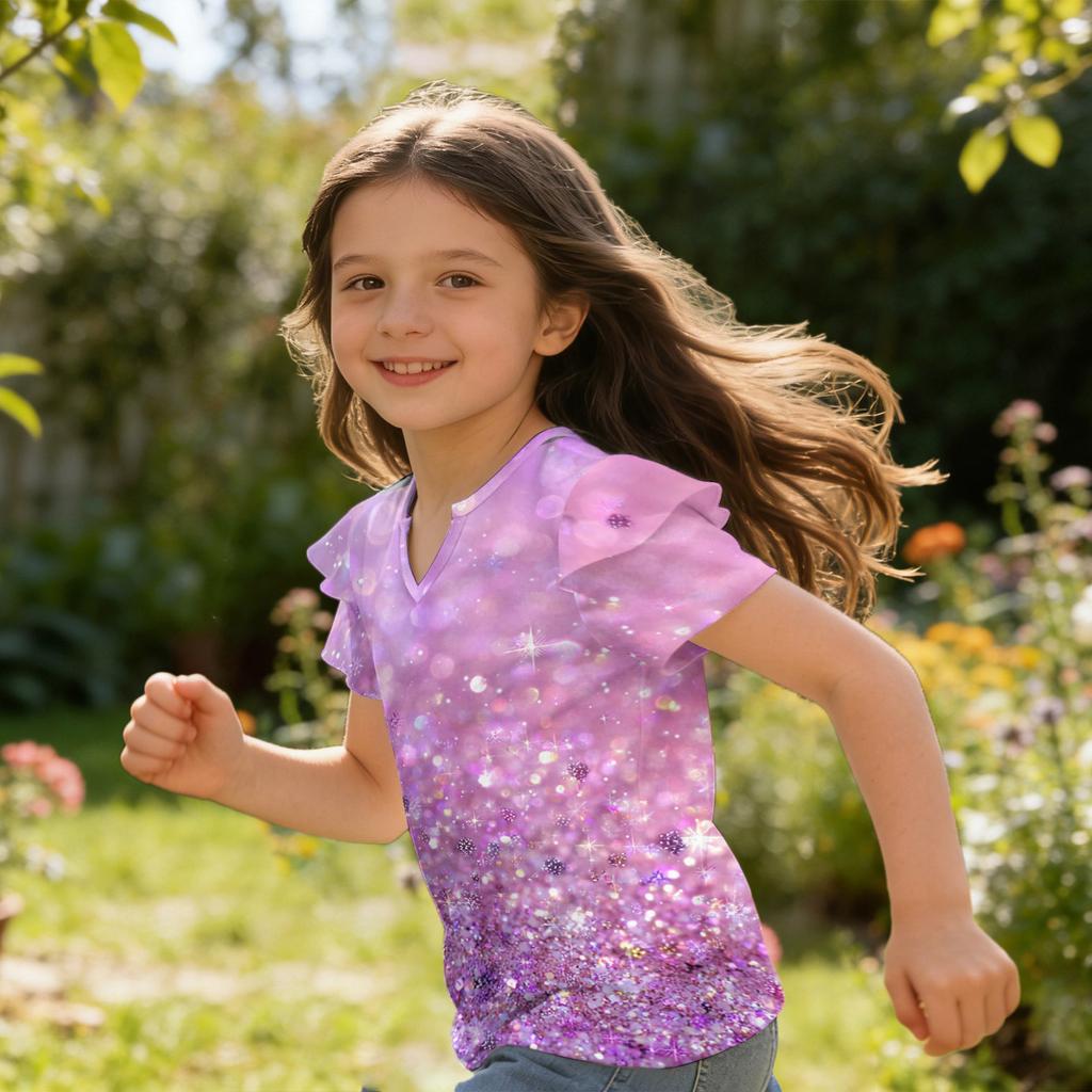 Girls V Neck Short Sleeve T Shirt Casual Top with Ruffle Sleeve and Sequin Print Lightweight Summer Blouse for Kids