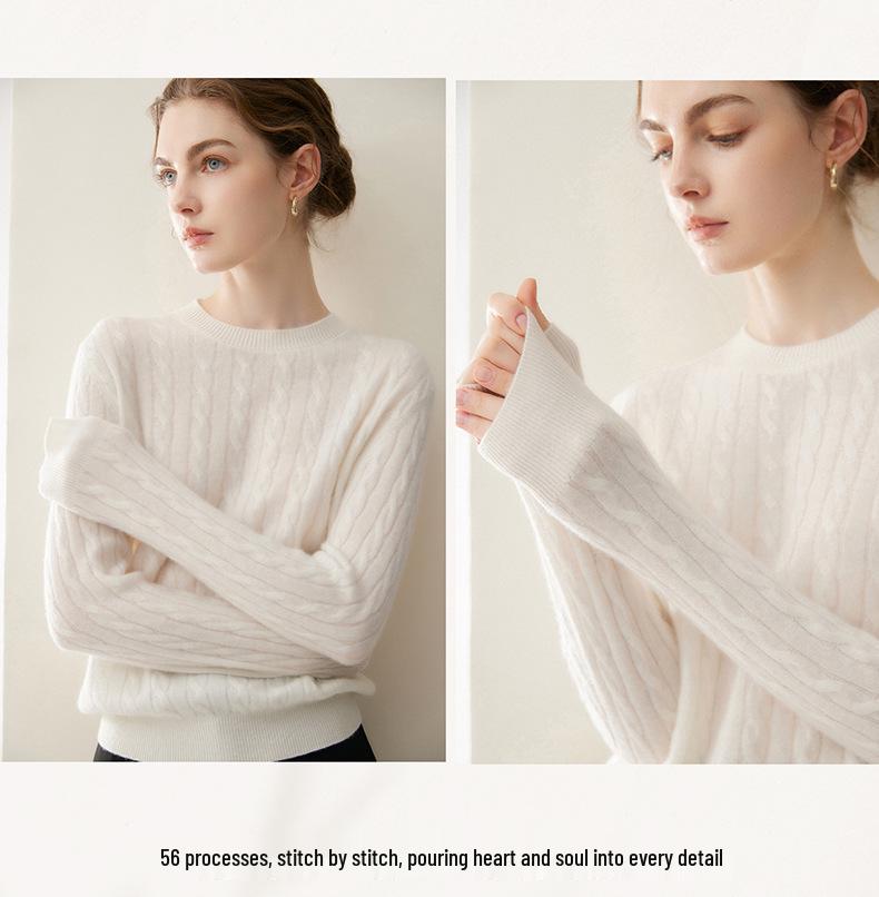 Women's Cashmere Cable Knit Sweater – 100% Pure Goat Cashmere Pullover, Round Neck, Base Layer for Autumn & Winter