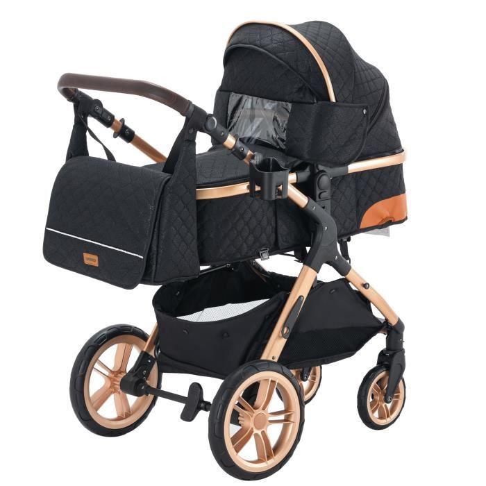 YAZOCO - Poussette combinée 3en1 - Avec nacelle-siège auto - Jusqu'à 15Kg - Or-Noir