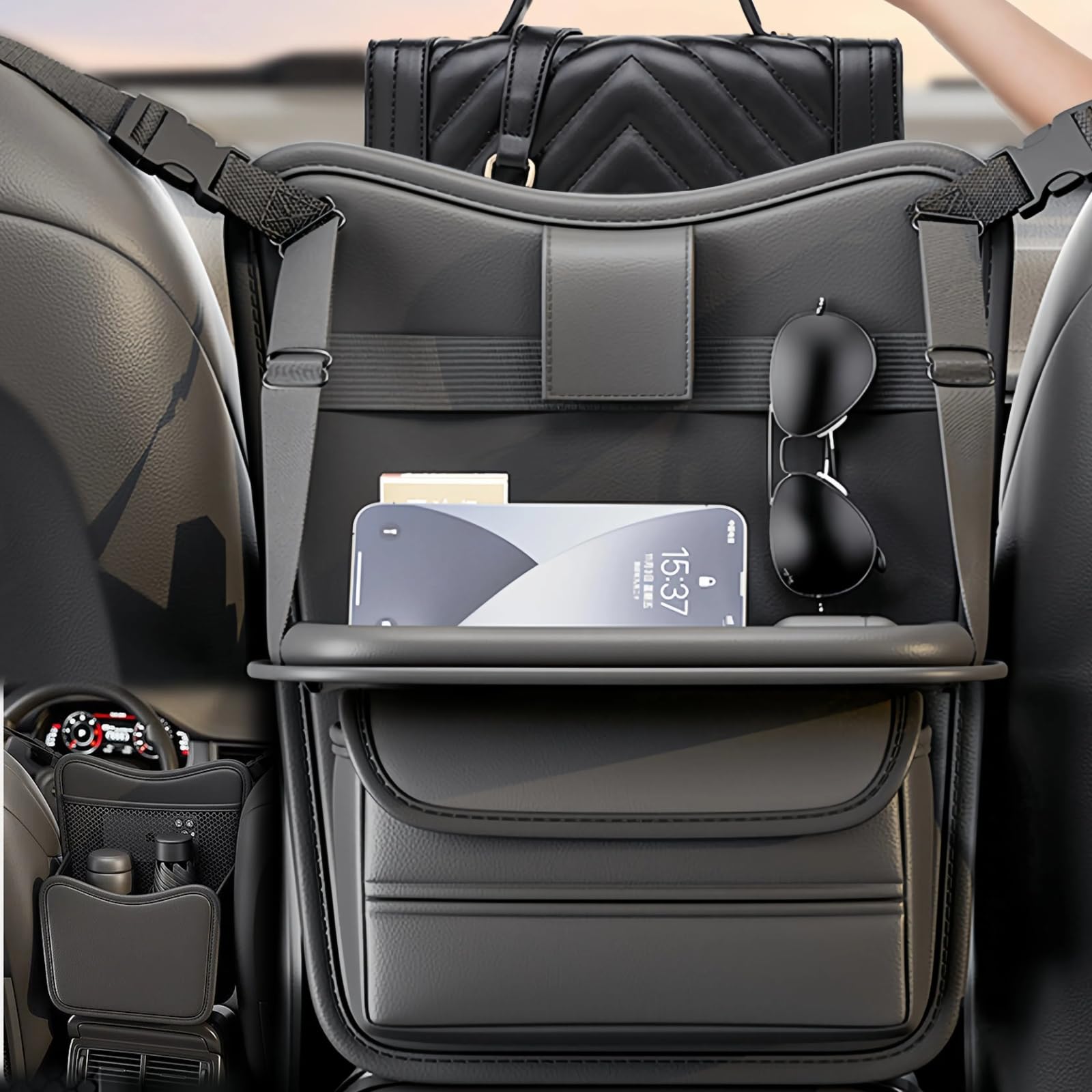 

DURASIKO Сумка для хранения в автомобиле со складной автомобильной сумкой Большая Тканевая Автомобильная урна для мусора Мелкие предметы Легкий ПУ поднос, Держатель, Коробка, Банка, Органайзер, Двусторонее хранение, чёрный