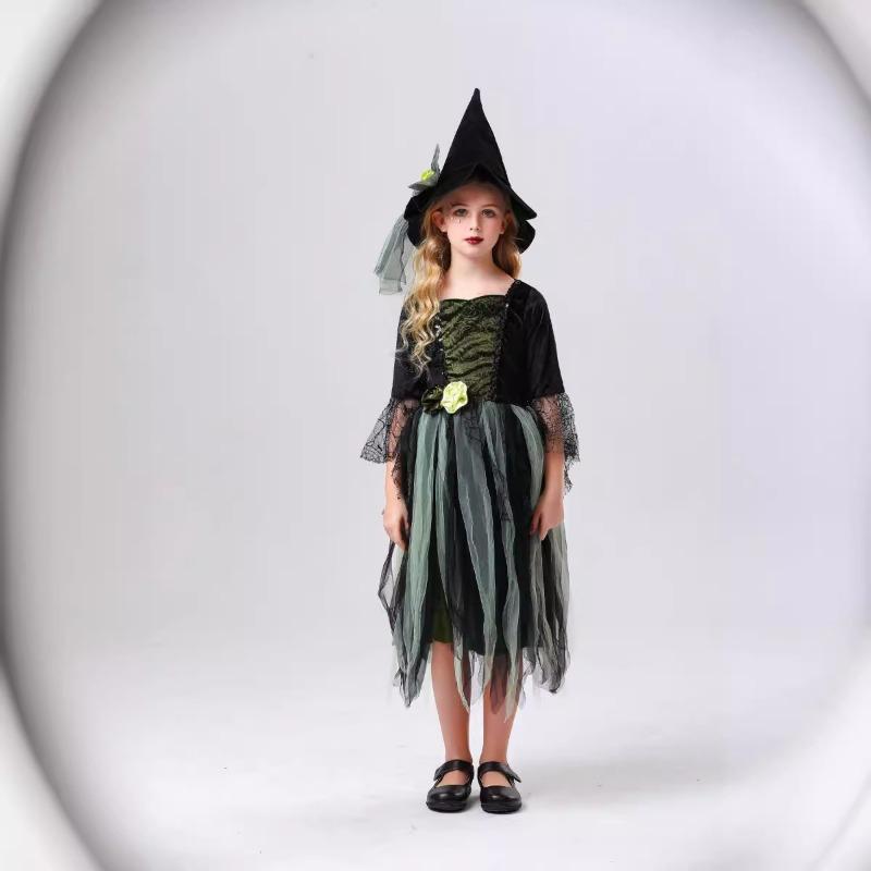 Halloween Party Adult Children Stage Show Green Mesh Witch Dress Parent-Child Costume