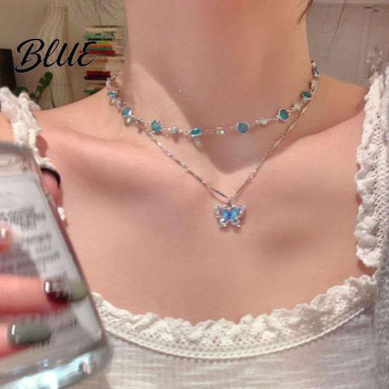 Lightweight Butterfly Jewelry Blue Necklace Women Rhinestone Choker Pendant Versatile