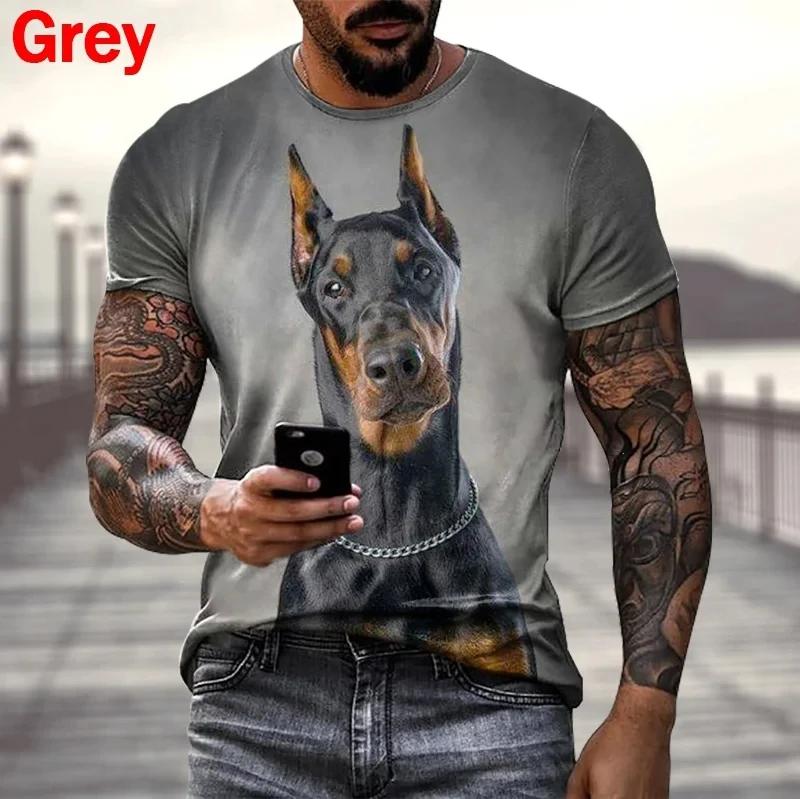 Summer Round Neck 3D Doberman Pattern Print Top Fashionable Casual Short Sleeved Men's T-shirts