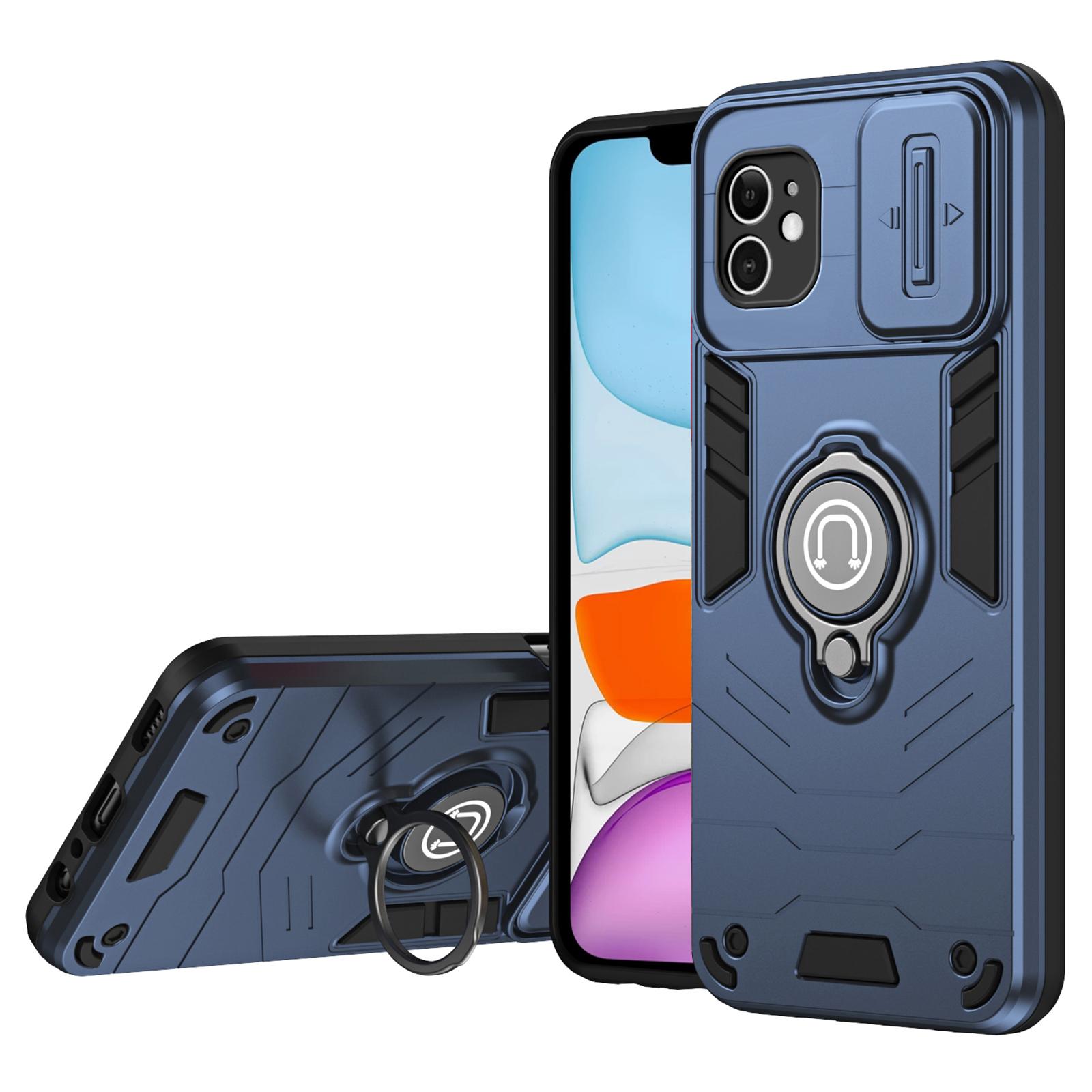 

For iPhone 11 Case PC+TPU Kickstand Phone Cases with Slide Lens Cover Blue