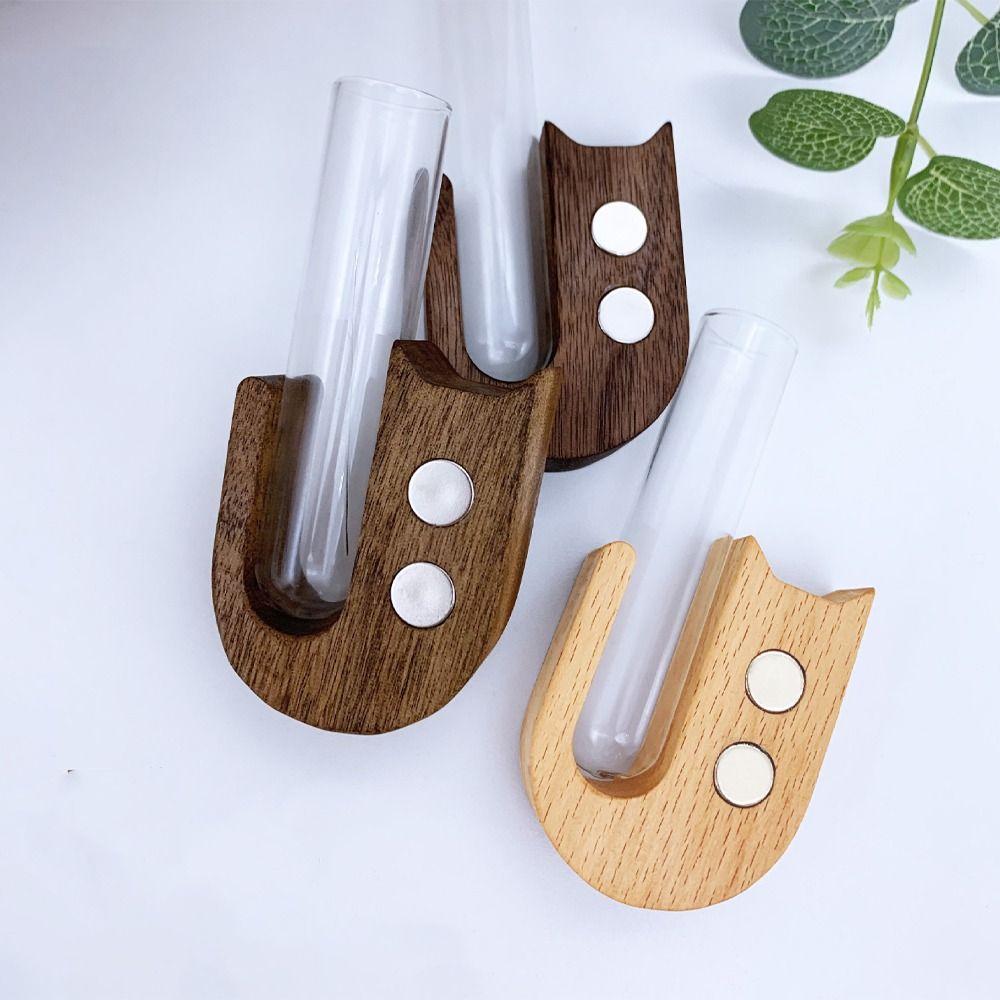 Funny Wooden Pet Cat Hair Vase Cartoon with Glass Tube Pet Hair Storage Box Magnetic Fridge Magnet Vase Fridge Decoration