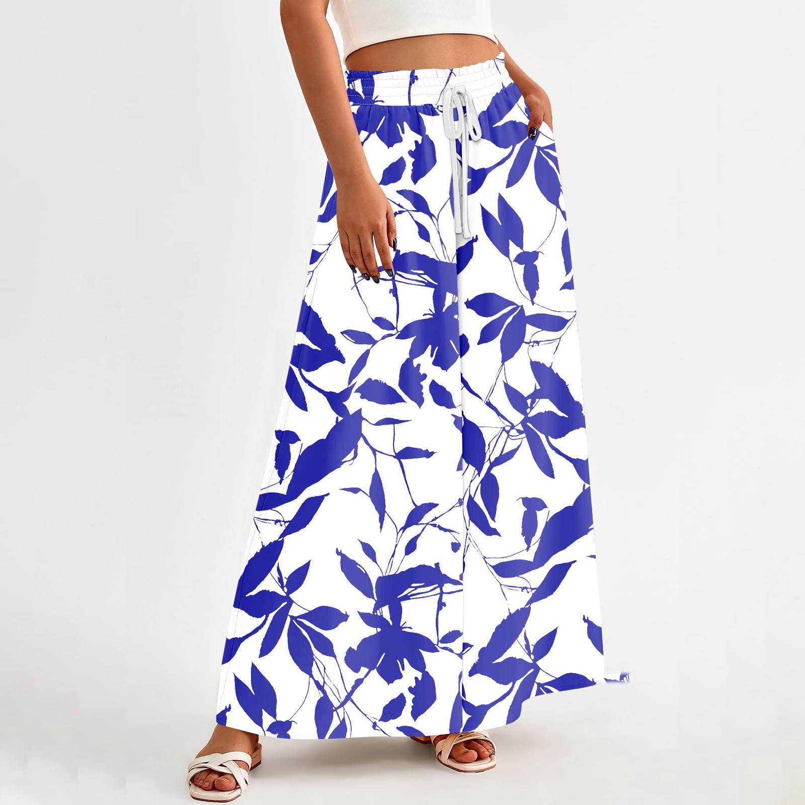 Women s High Waisted Wide Leg Pants Summer Casual Flowing Pocket Wide Leg Pants Floral Print Beach Pants XXXL
