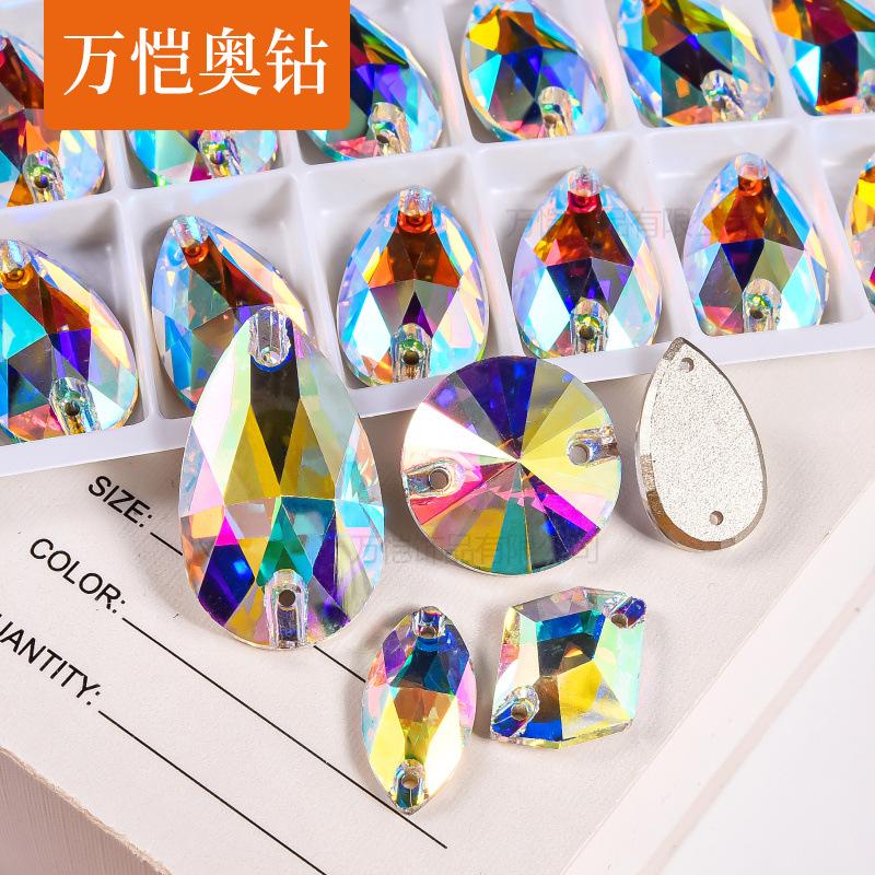 Glass Water Drop Special-Shaped Inverted Edge Hand Seam Drill, Flat Bottom Double Hole Hand Seam Stone Diy Flat Buckle Clothing Accessories