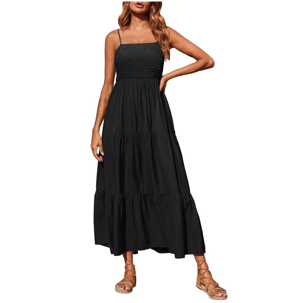 Strapless Dress For Women Color Summer Beach Boho Smocked Tube Top Straps Swing Dress
