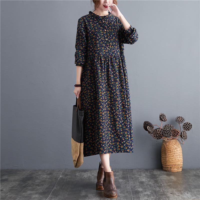 

Women s Fall Autumn Vintage Korean Cotton Linen Dress Loose Plus Size Long Sleeve Floral Print Casual Long Maxi Dress for Daily Wear 2XL темно-синього кольору