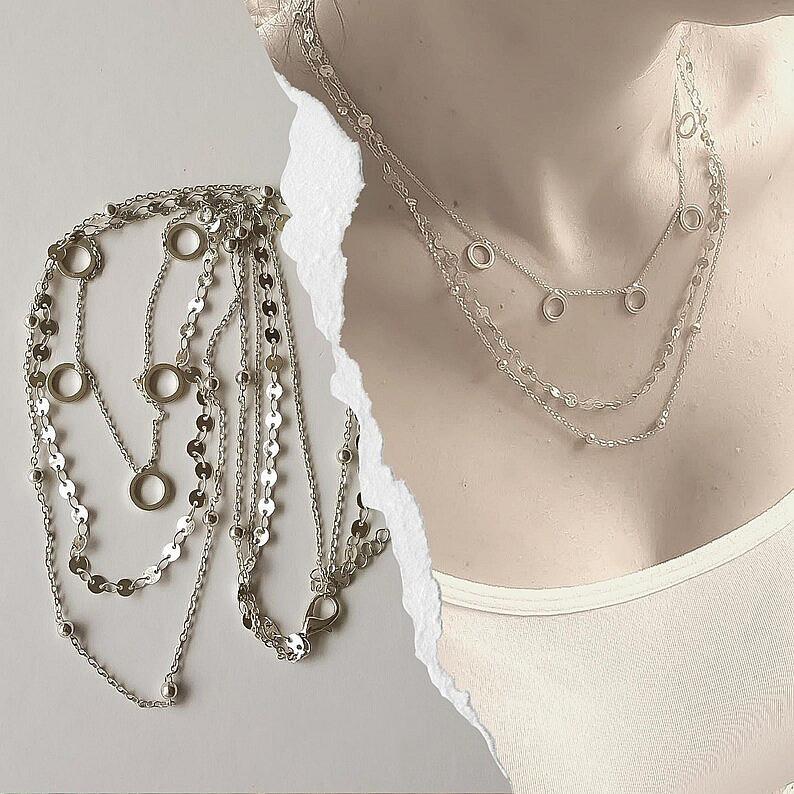 Fashion Geometric Copper Bead Chain Stacked Necklace Women, Simple Geometric Sequin Chain Circle Necklace