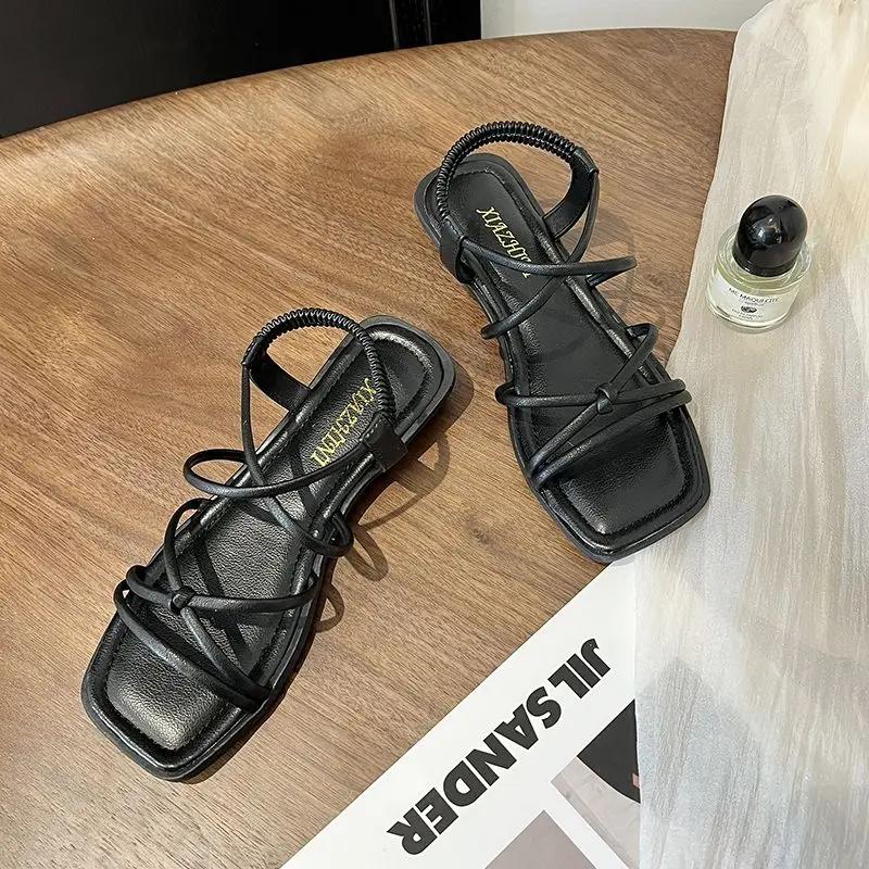 

Fashion Beige No Heel Summer 2024 Beach Slippers Flat Rubber Roman Style Footwear Sandals for Woman with Strap Outdoor Open Toe Trend H 40