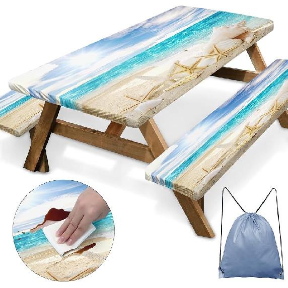 Sunflower Wooden Picnic Table Cover with Bench Covers, Rustic Summer Floral Farmhouse Outdoor Camping Essentials 6FT 3PCS Fitted Rectangle RV Must