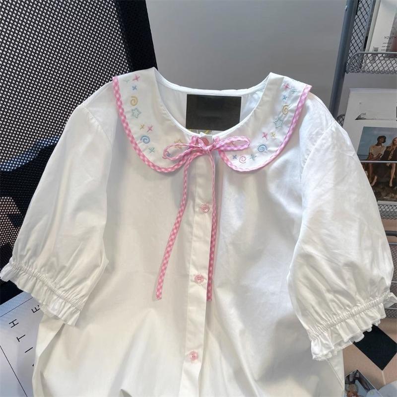 Doll Collar Checkered Lace Up Shirt for Women Puff Sleeved Single Breasted Shirts Summer Loose Embroidered White Tops