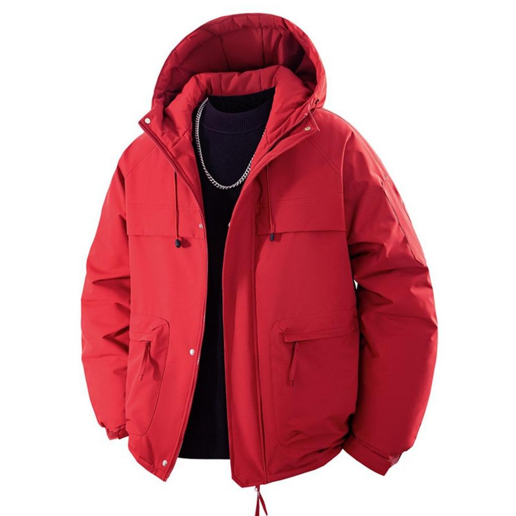 Men's And Women's Casual Solid-color Warm Graphene Hooded Cotton-padded Jacket, Men's Outdoor Large Pocket Workwear Thickened Down Jacket