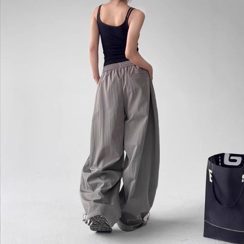 Womens Gray Cargo Pants Loose Wide Leg Streetwear Embroidered Casual Trousers
