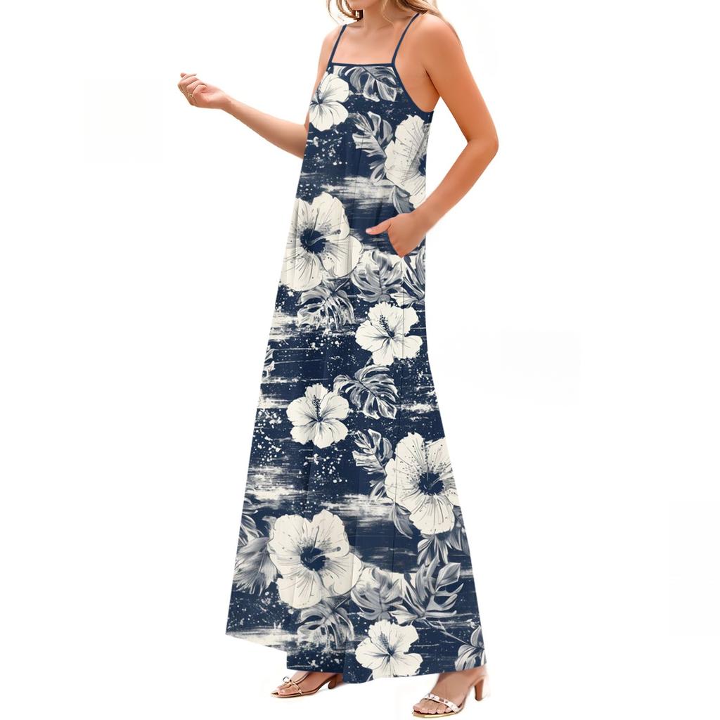 Robe Longue Imprimée à Bretelles Ajustables Décontractée Mode Printemps et Été pour Femmes