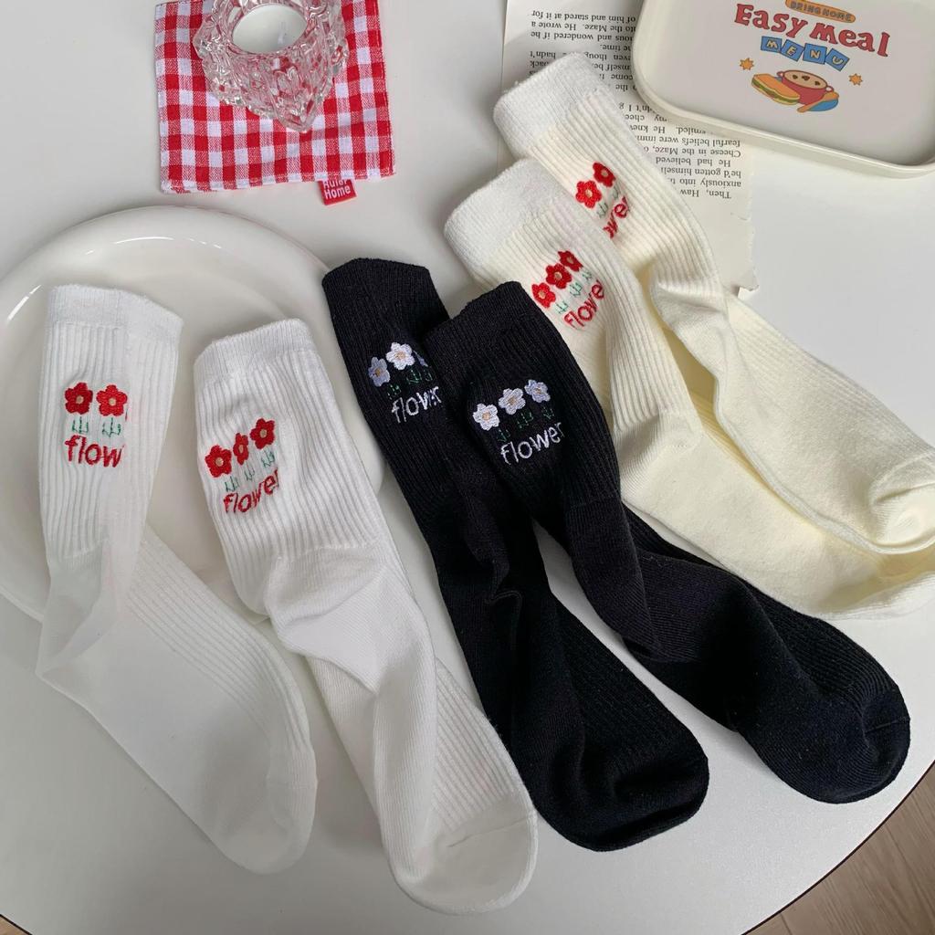Socks Solid Color Heel Small Flower Medium Tube Socks White Socks Versatile Stacking Socks College Style Student Sports Socks