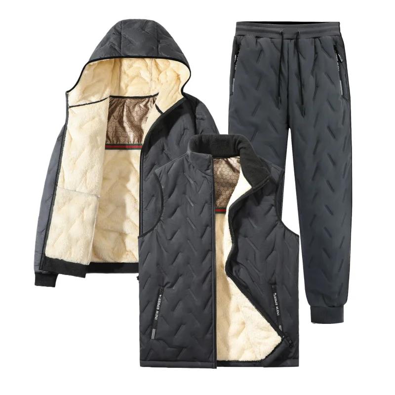 Mens Tracksuit Set Fashion Jogger Winter Graphene Fleece Warm Hooded Jacket Vest + Pants 3 Piece Male Casual Running Sports Suit