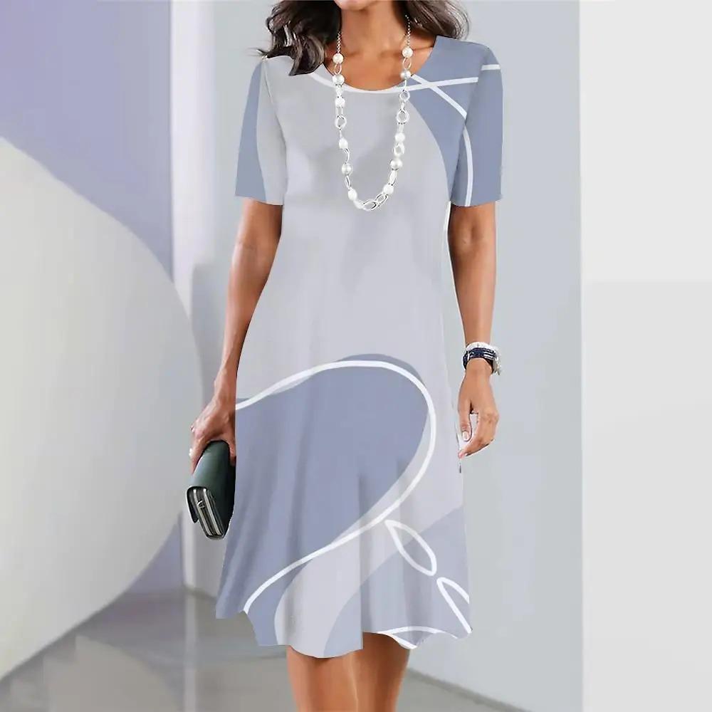 New Geometric Curve Graphic Print Women's Dresses Elegant Loose Short Sleeve O-Neck Summer Dresses Female Fashion Sundress