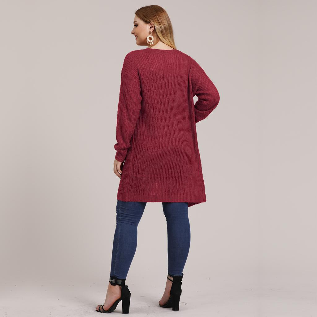 Autumn and Winter Large Size Women's Pocket Knitted Cardigan Mid-Length Sweater