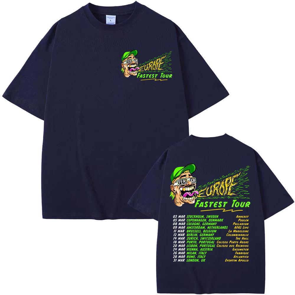 Rapper Feid Ferxxo Europe Fastest Tour 2025 Double Sided Print T Shirts Men Women Vintage Hip Hop High Quality Oversized T-shirt