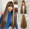 New Highlighted Brown Long Straight Wig for Women - Full Bangs One-Length Cut JK Schoolgirl Style Rejuvenating Daily Wear Full Cap Wig