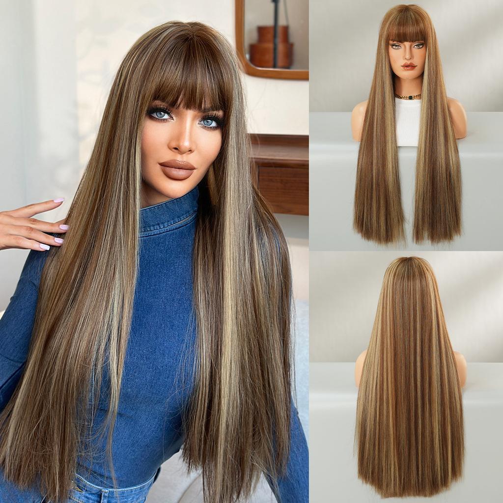 New Highlighted Brown Long Straight Wig for Women - Full Bangs One-Length Cut JK Schoolgirl Style Rejuvenating Daily Wear Full Cap Wig