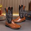 Men's Retro Leather Cowboy Boots, Size 48 - Trendy High Boots for Spring, Autumn, and Winter