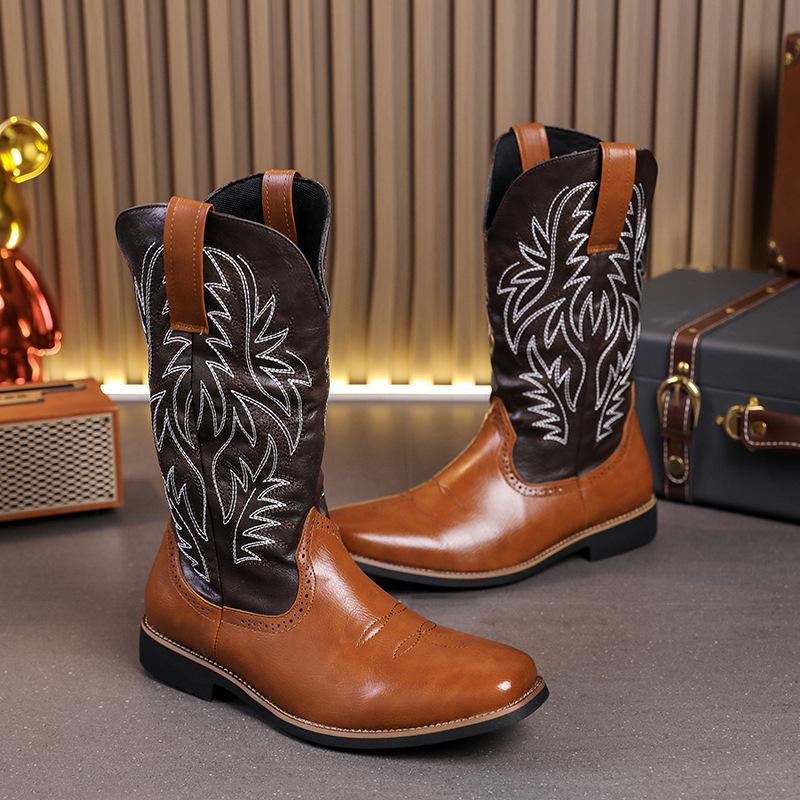 Men's Retro Leather Cowboy Boots, Size 48 - Trendy High Boots for Spring, Autumn, and Winter