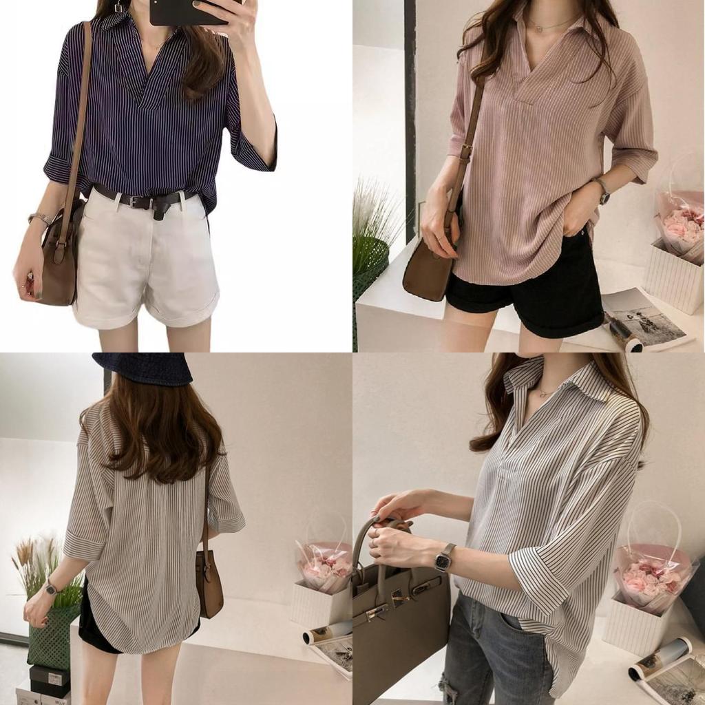Striped Loose Fit Shirt For Women With Polyester Fabric Summer Casual Wear