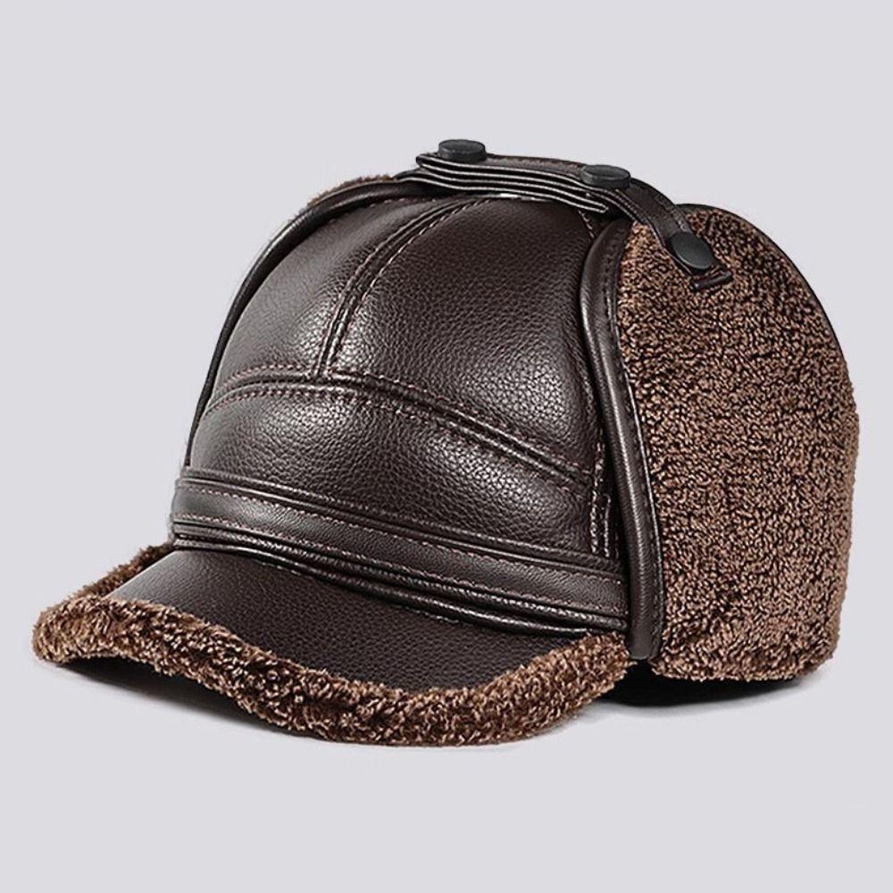 High Quality PU Leather Men's Earmuffs Cap Thickened Outdoor Warm Elderly Hat Windproof Baseball Cap Autumn Winter