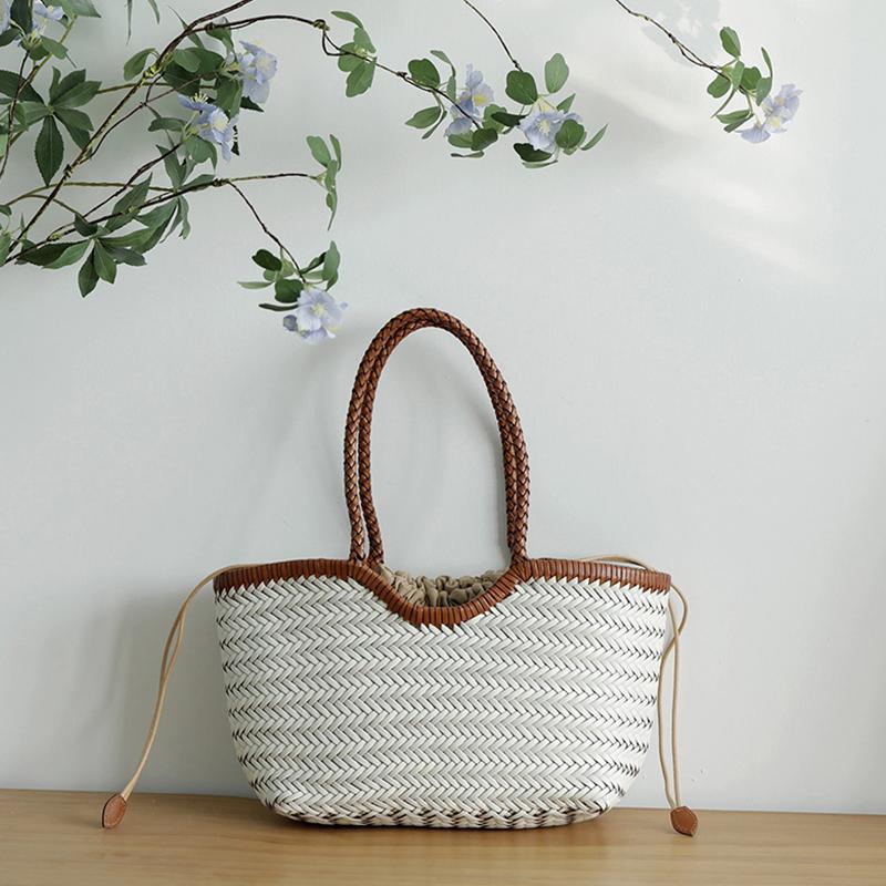 French Retro Woven Handbag With Lining Genuine Leather Handmade Woven Basket Ins Simple Style Women Shoulder Bag Underarm Bags