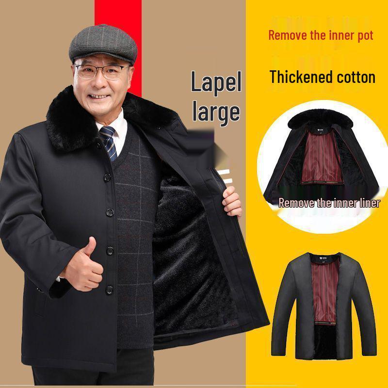 Fleece-Lined Cotton Jacket for Middle-Aged to Elderly Men: Winter Coat for 60, 70, and 80-Year-Olds.
