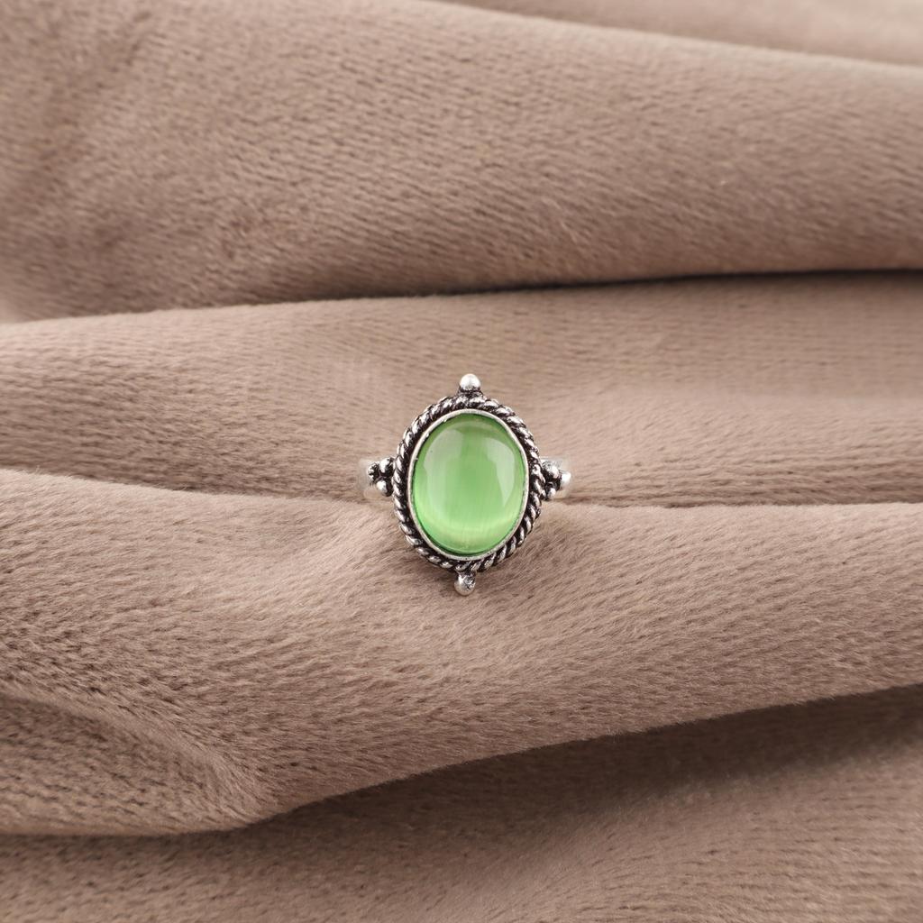 Green Cat's Eye Gemstone Ring, 925 Solid Sterling Silver Jewelry, Handmade Spiritual Ring For Wedding Gift