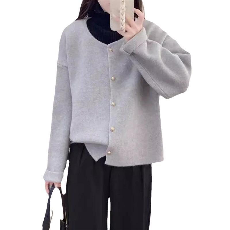Single-breasted simple wind knitted sweater jacket autumn and winter new loose soft waxy round neck versatile sweater cardigan women