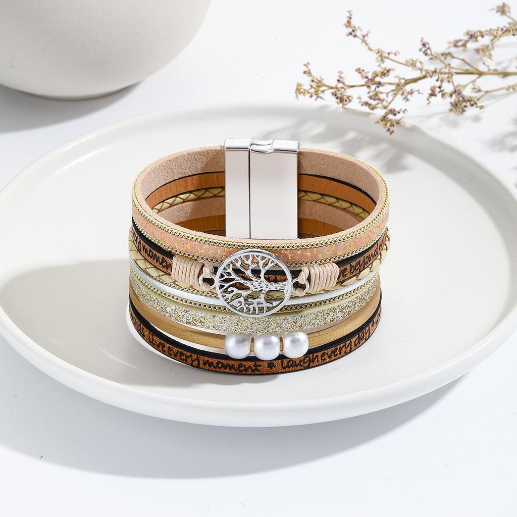 Bohemian Leather Cord Multilayer Bracelet with Raw Stone, Heart, Tree of Life, and Pearl Magnetic Bangle