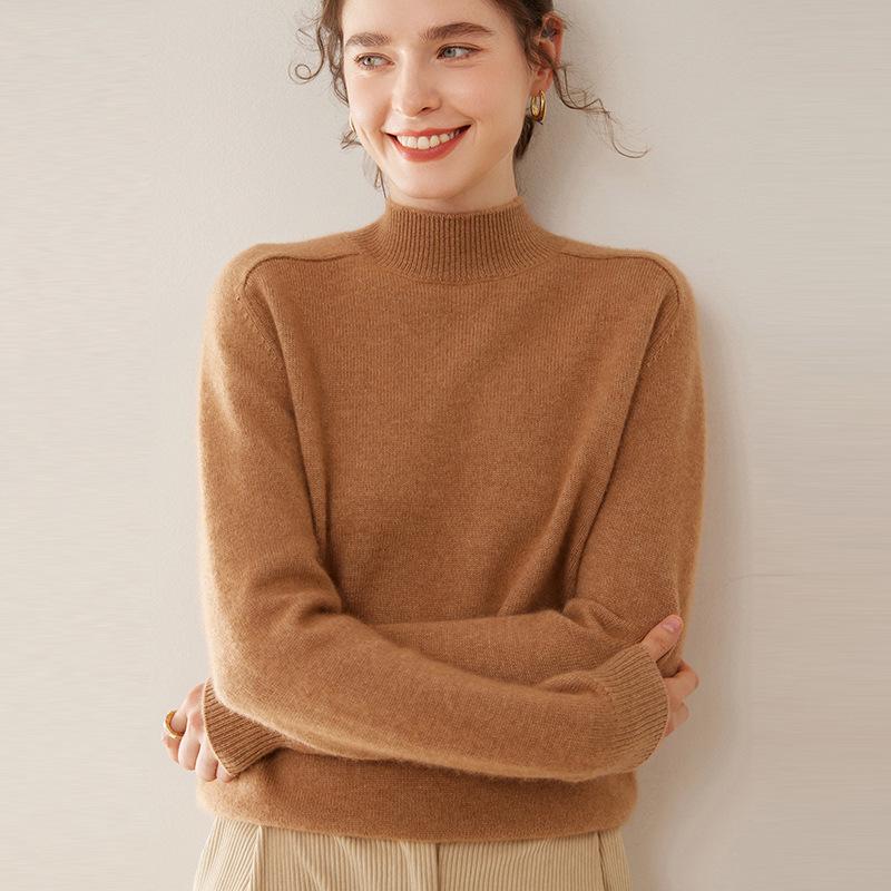 Women's Heavyweight Cashmere Half-High Collar Knit Sweater with Saddle Shoulders