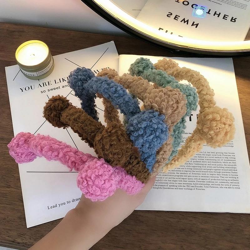 Wool Lamb Hair Band for Women Bear Ears Headband Korean Cute Ins Wide-Brim Candy-Colored Headband Female Hair Accessories