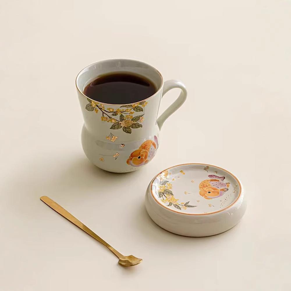 Plant Ash Ceramic Gold Osmanthus Goldfish With Spoon Personal Cup Drinking Water Guochao Chinese Style Office Lady