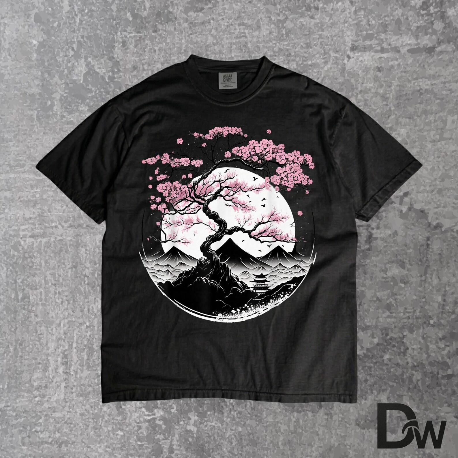 Japanese Sakura Garden Geisha Mount Fuji, Cherry Blossom T Shirt, Geisha Art Tee, Japan Aesthetic Shirt, Floral Landscape Graphic Tee 3XL