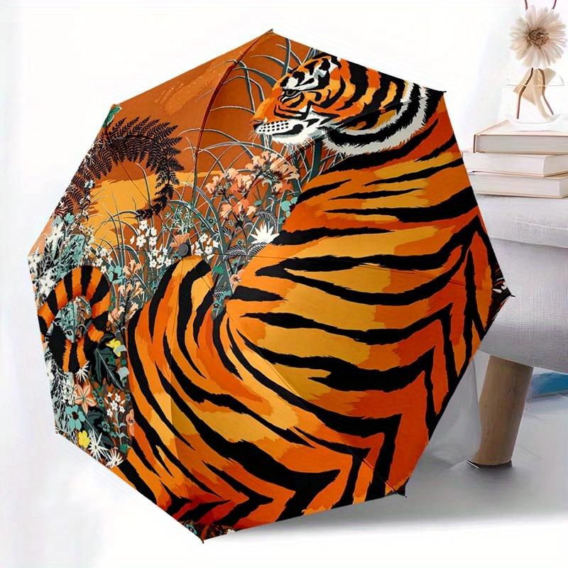 

1pc Chinese Tiger Art Pattern Automatic Folding Umbrella - Portable & Foldable 8-Rib Design, Vibrant Orange & Black Striped Ar Iron&8K