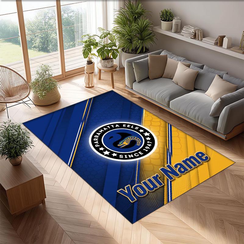 Parramatta Eels Crystal Velvet Rug, Custom Name Text Personalized Non‑Slip Floor Mat for Home Decor Gift