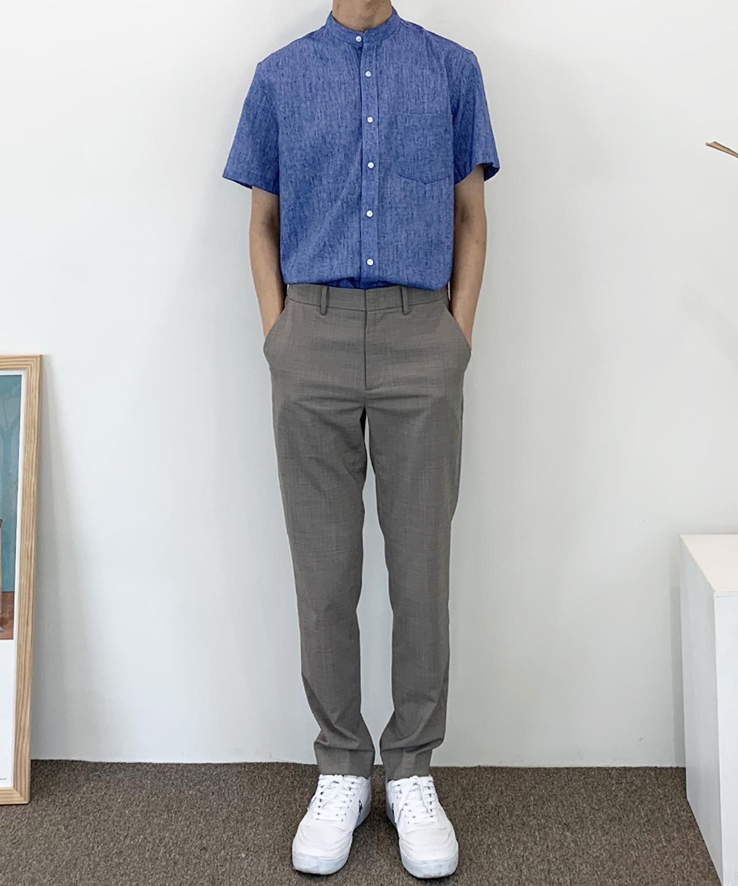 The Shirt Studio Blue Loose Fit Linen Blend Mandarin Collar Short Sleeve Shirt 105