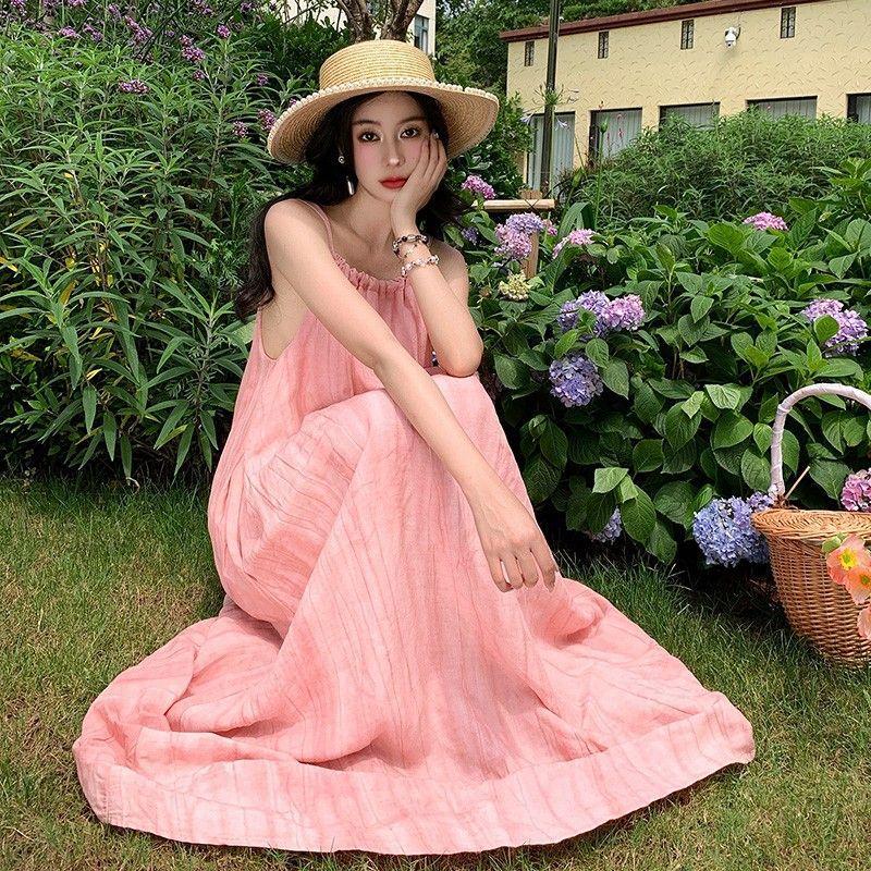 Pink Suspender Long Dress Women's Summer New Seaside Vacation Beach Dress Neck Design Niche Skirt