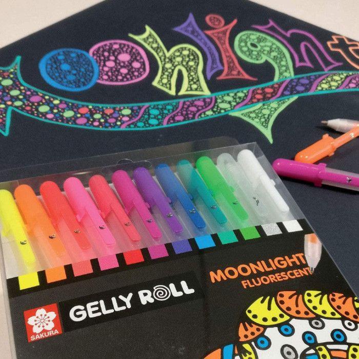 Set of 12 Gel Pencils - SAKURA - Gelly Roll Moonlight - Fluorescent - Glittery - Fine Tip