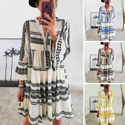 Women's Summer Pleated Short Dress Ruffled 3/4 Sleeve V Neck Button Up Mini Dress Boho Loose Flowy Beach Sundress