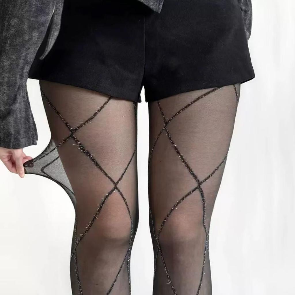 Elegant Retro Style Silver Thread Grid Pantyhose Women Slim Fit Shape Tights Glitter Hosiery Stockings
