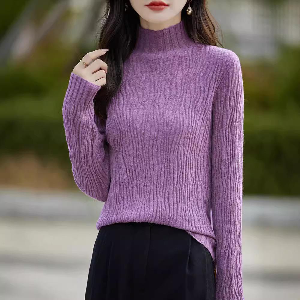 Koszula damska z długim rękawem i okrągłym dekoltem, plisowana, dzianinowa góra