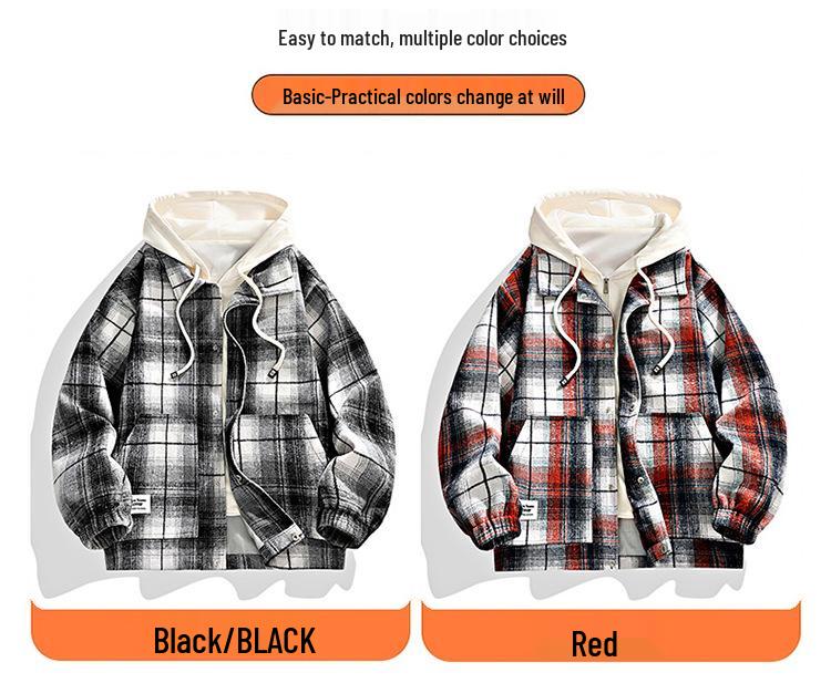 2025 Autumn Men's Retro Plaid Hooded Fake Two-Piece Casual Jacket