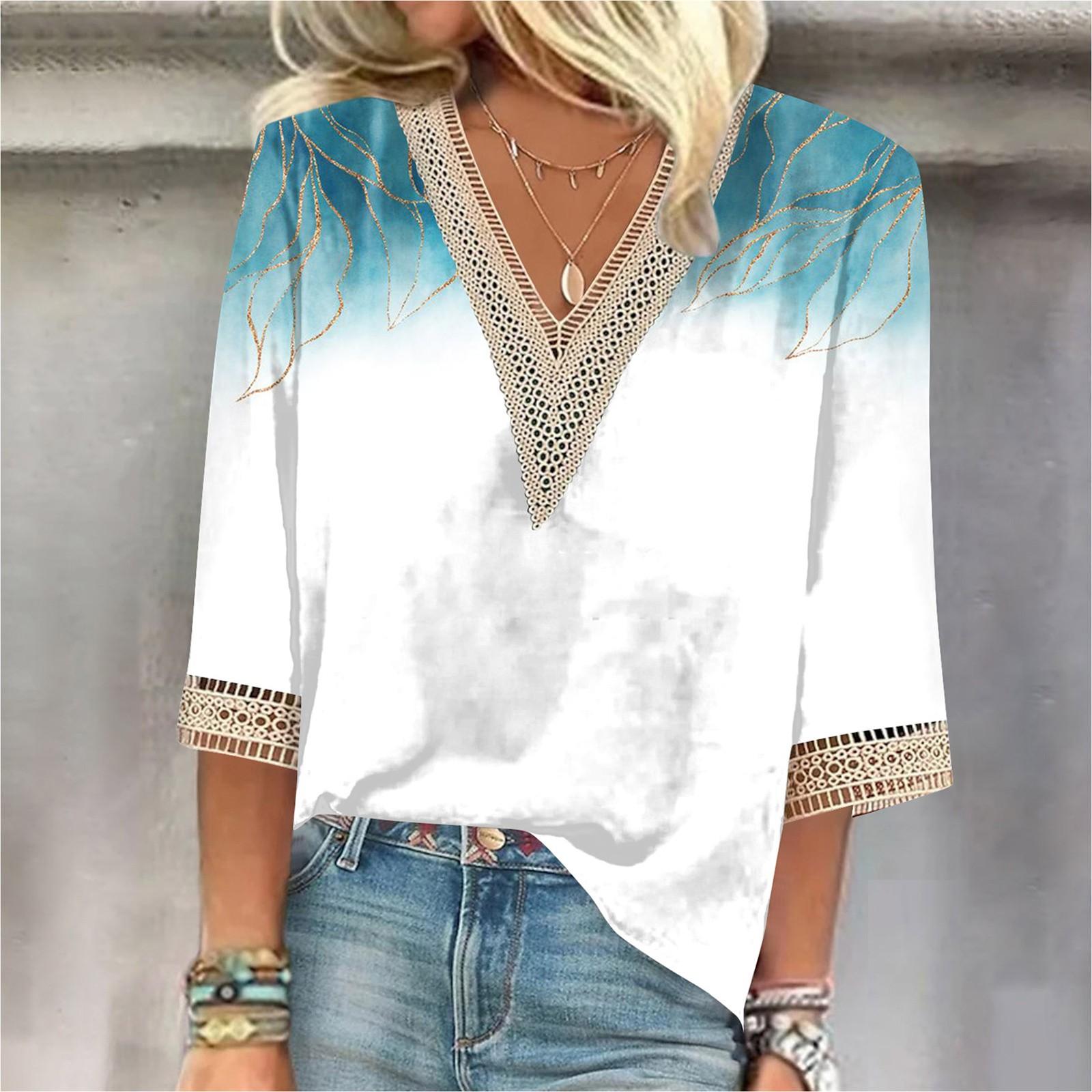 Женская рубашка-блузка Повседневные свободные рубашки с рукавами 3/4 и кружевной отделкой — фото 5